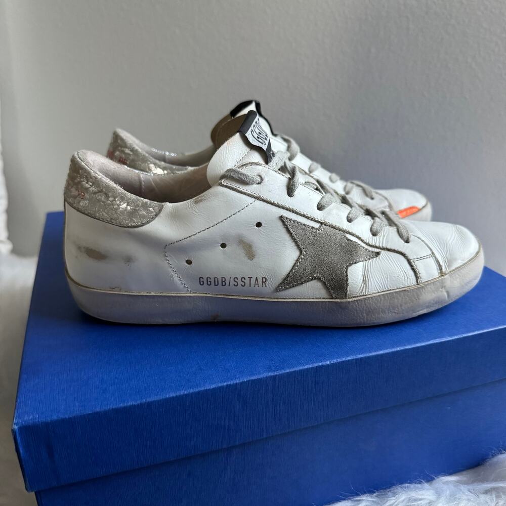 Golden Goose Superstar Leather Sneakers White Silver Neon Orange EU 37/ 7 US